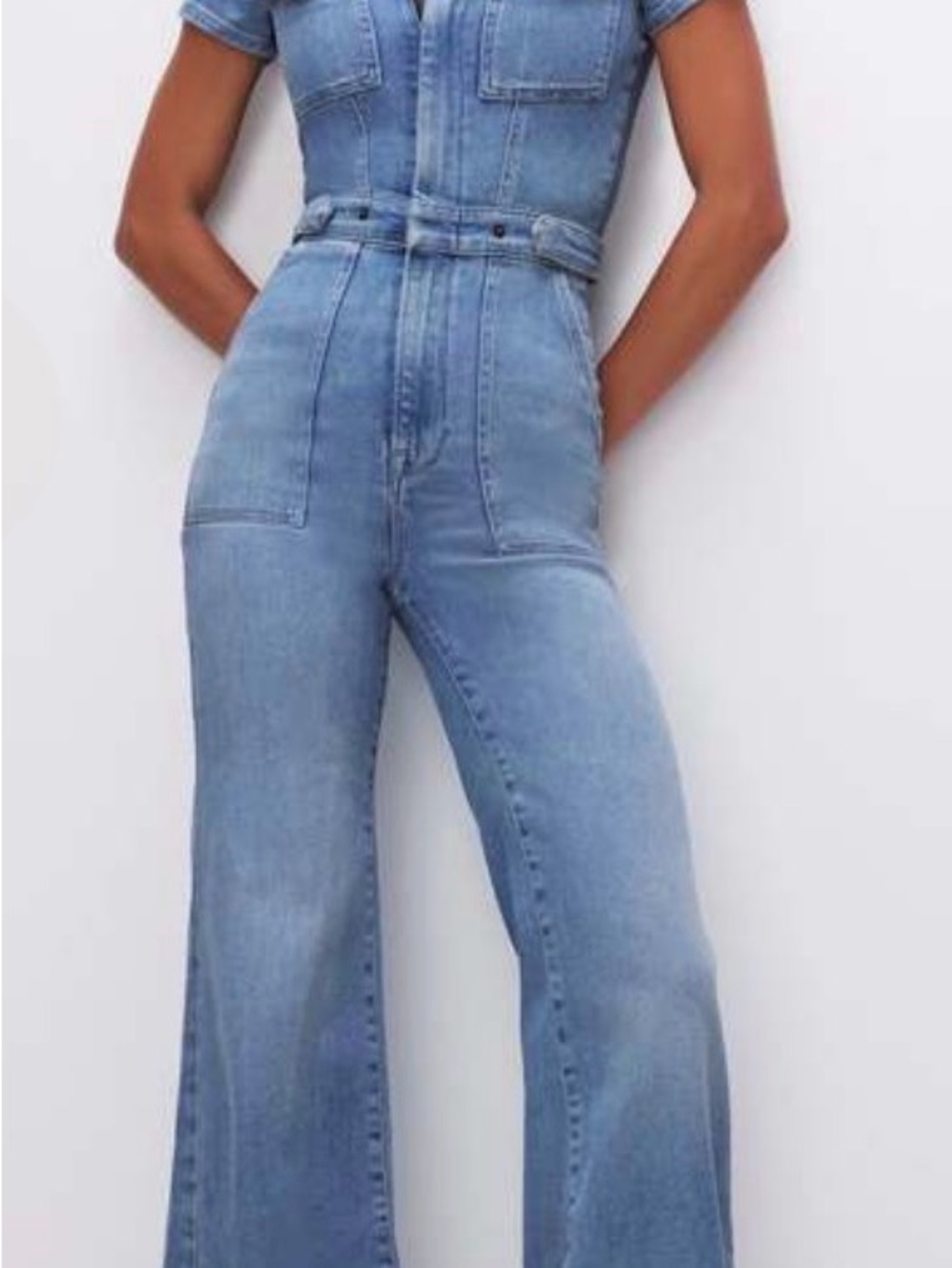 Good American Light Blue Wide-Leg Denim Jumpsuit